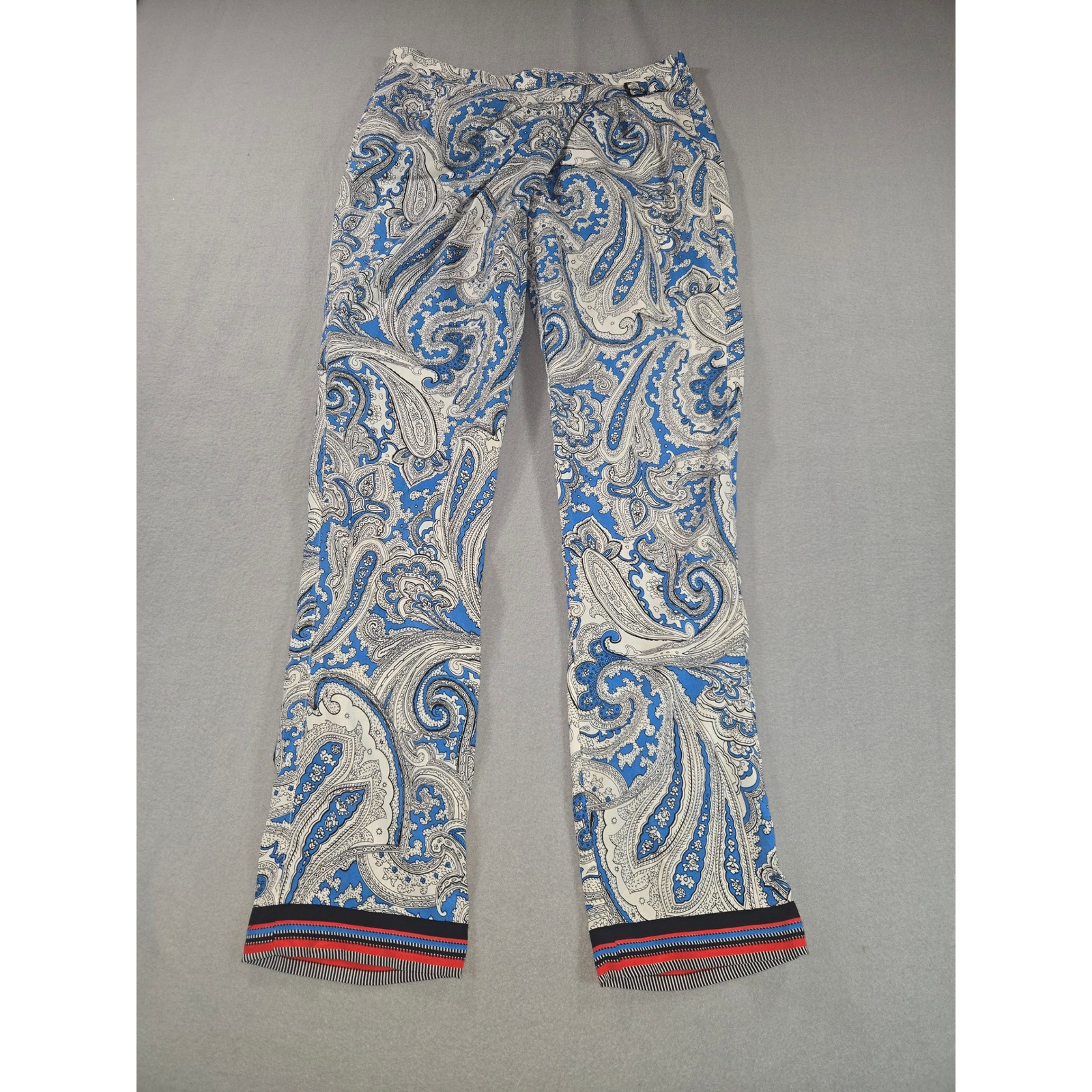 New York & Company Paisley Pants Womens 8 Blue White Wide Leg Buckle Detail New